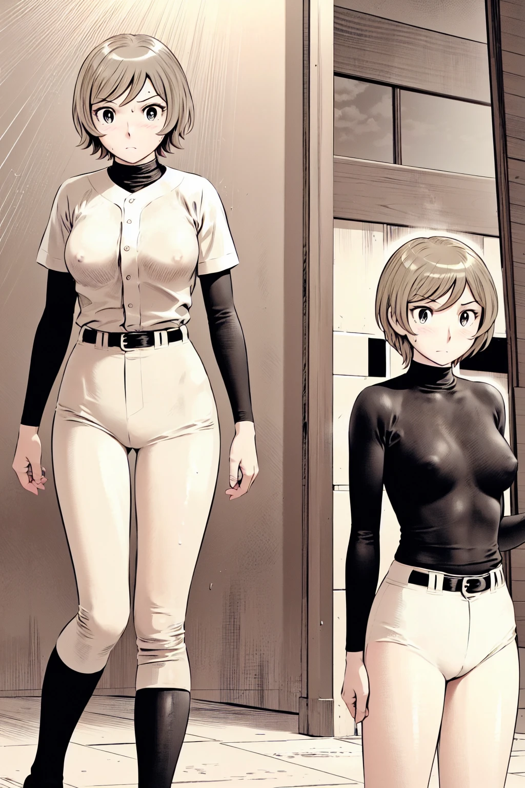(野球uniform:1.2),
Blonde, (short hair:1.2),Long sleeve, Black Shirt, turtleneck,White trousers、uniform、Black belt、((Illustration of a person))、big 、
View your viewers,, (Highest quality:1.3),One Girl, White pants、uniform、Outdoor、baseball ground、ground、soil、blue eyes、Tight black shirt、(masterpiece、Highest quality)、Highest quality, Ultra-high resolution, (((masterpiece))), alone, Sweat、big eyes、big Breasts、Torn clothes、 fully exposed、Nipples、One Girl, Front view、Embarrassed face、Bronze colored hair、((short hair))、Stand up straight、Cowboy Shot