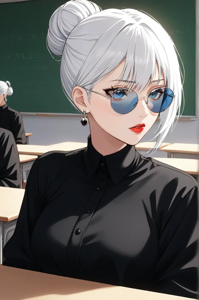Woman, female, solo, alone, jujutsu kaisen, white hair, hair bun, white eyebrows, white eyelashes, light blue eyes, detailed eyes, wearing round sunglasses, wearing black shirt, black clothing, classroom, high quality, 4k resolution, anime,red lipstick, indian silver jhumka earrings, ,hd,hud