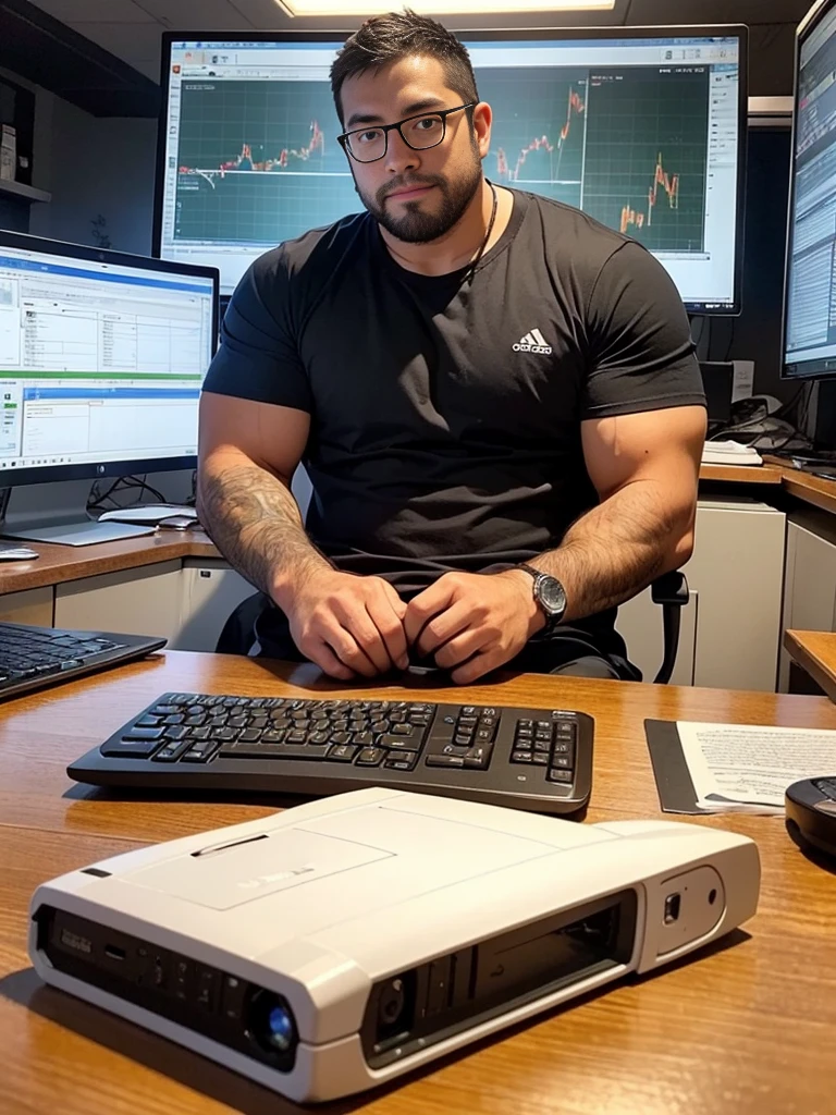 crew cut, (((full body))), (((landscape))),  man, [slightly fat], asian man, rounded face, brown eyes, ((rounded face)), glasses, balding, 1boy, Solo, (big shoulders), (((stubbles, Short beard))),There's a man sitting at a desk with two computer monitors, sentado em um computador, sentado em frente ao computador, olhando para o monitor, displaying stock charts, sentado em uma mesa de computador, na frente de um computador, trading, trading stocks,