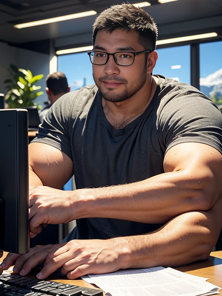 crew cut, (((full body))), (((landscape))), mature man, [slightly fat], asian man, rounded face, brown eyes, ((rounded face)), glasses, balding, 1boy, Solo, (big shoulders), (((stubbles, Short beard))),There's a man sitting at a desk with two computer monitors, sentado em um computador, sentado em frente ao computador, olhando para o monitor, displaying stock charts, sentado em uma mesa de computador, na frente de um computador, trading, trading stocks,