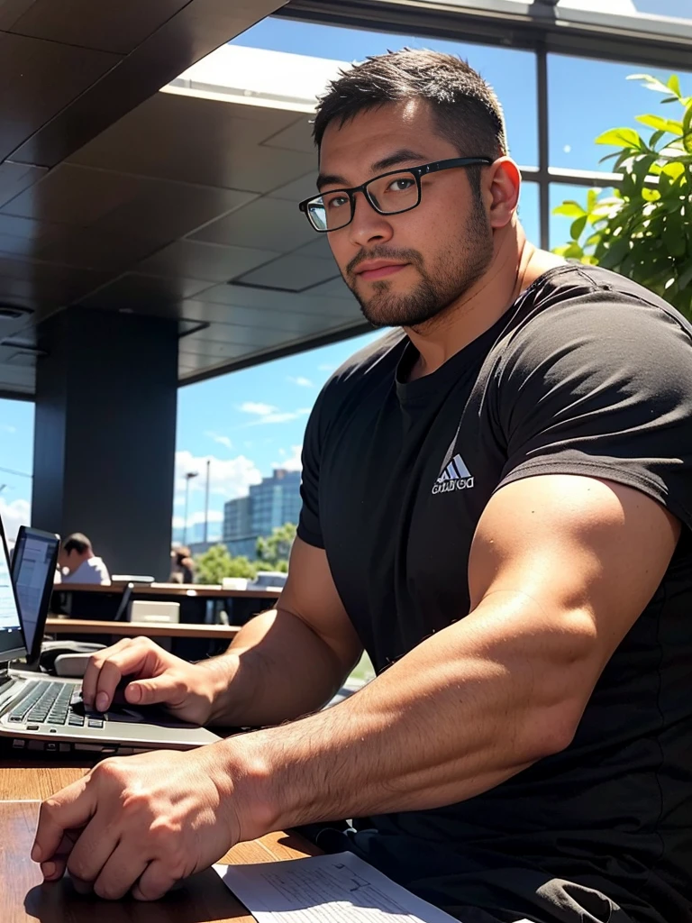 crew cut, (((full body))), (((landscape))), mature man, [slightly fat], asian man, rounded face, brown eyes, ((rounded face)), glasses, balding, 1boy, Solo, (big shoulders), (((stubbles, Short beard))),There's a man sitting at a desk with two computer monitors, sentado em um computador, sentado em frente ao computador, olhando para o monitor, displaying stock charts, sentado em uma mesa de computador, na frente de um computador, trading, trading stocks,