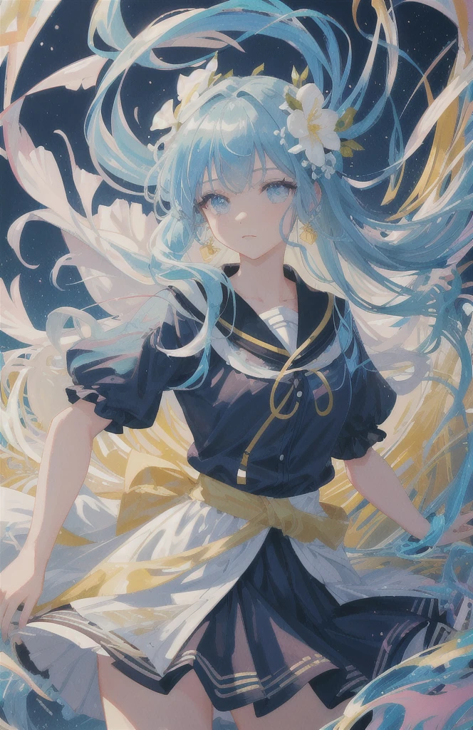 (masterpiece), (best quality), (ultra detailed),(disheveled hair),(illustration), (1girl), (Fashionable clothing), standing, Fashion model, looking at viewer, (interview), (simple background),beautiful detailed eyes, delicate beautiful face, Floating,(high saturation),(colorful splashes),colorful bubble,(shining), focus on face,  kamisato ayaka, light blue hair, bangs, hair ring, floating flowers, floating hairs.Girl, anime waifu, looking at viewer, highlydetailed, reflections transparent iridescent colors, long transparent iridescent RGB hair, artby Serafleur from artstation, thick acrylic，illustration on pixiv, waist up portrait, gorgeoussacred girl, best quality, ultra detailed,sad,clever,beautiful face , beautiful lighton black background, Character stvle renderedby Octane, 