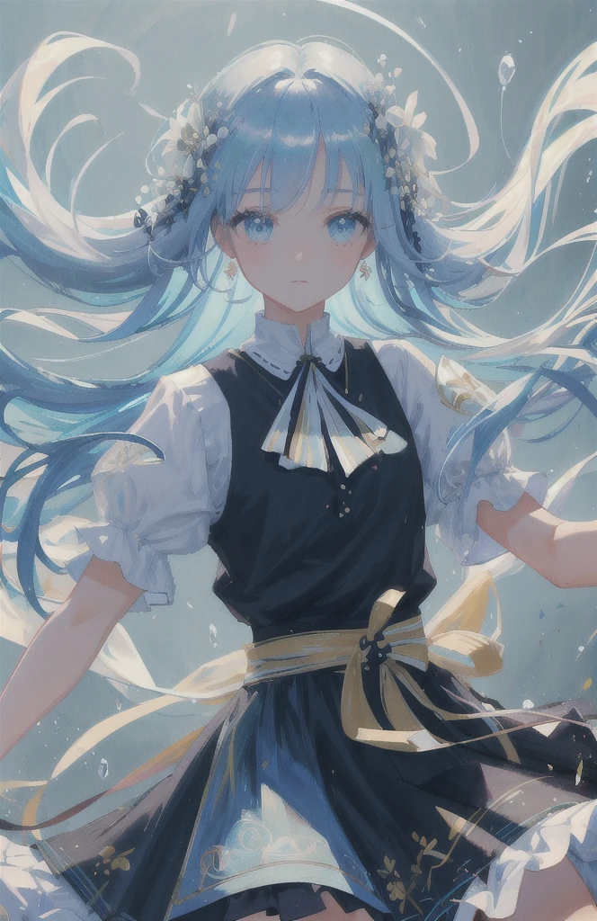 (masterpiece), (best quality), (ultra detailed),(disheveled hair),(illustration), (1girl), (Fashionable clothing), standing, Fashion model, looking at viewer, (interview), (simple background),beautiful detailed eyes, delicate beautiful face, Floating,(high saturation),(colorful splashes),colorful bubble,(shining), focus on face,  kamisato ayaka, light blue hair, bangs, hair ring, floating flowers, floating hairs.Girl, anime waifu, looking at viewer, highlydetailed, reflections transparent iridescent colors, long transparent iridescent RGB hair, artby Serafleur from artstation, thick acrylic，illustration on pixiv, waist up portrait, gorgeoussacred girl, best quality, ultra detailed,sad,clever,beautiful face , beautiful lighton black background, Character stvle renderedby Octane, 