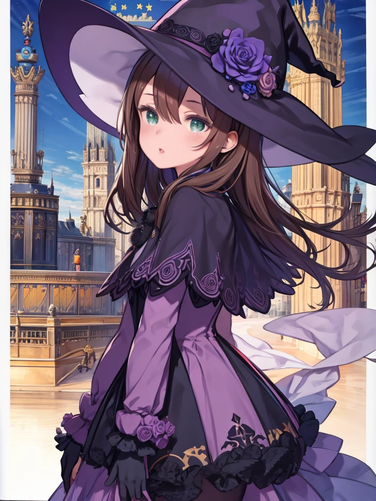 masterpiece, Highest quality, beautiful girl, Perfect Face, Place your arms at your sides, whole body,  urple witch hat, Green Eyes, Brown Hair, (Dealing with the Children_v1:0.008), (Europe:1.6), bangs, dress, Rose, jewelry, witch, Capelet, Purple hat, Black gloves, Purple Flower, Hair between the eyes, purple Rose, Release your lips, purple Capelet, Hat Flower, multicolored dress, hair ornaments, windmill, From the side,