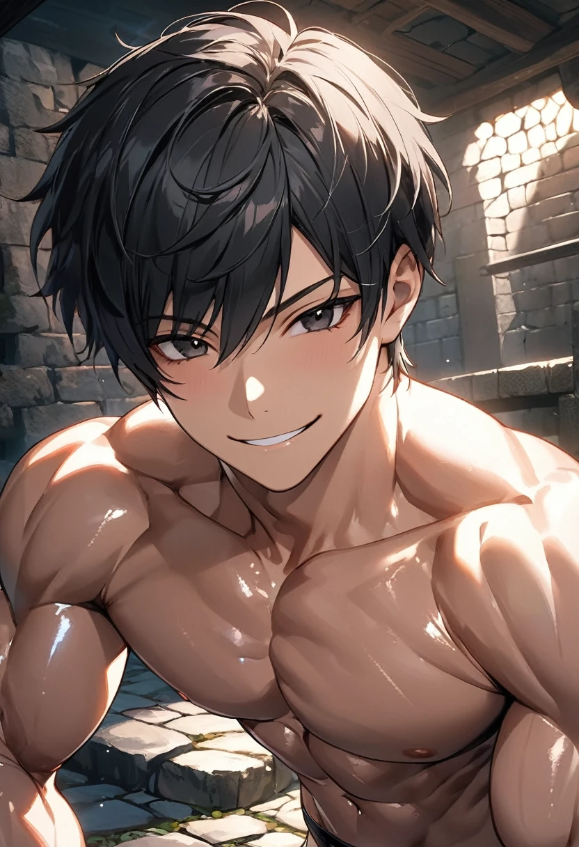 high quality, detailed, (22 years old japanese idol wrestler boy), (detailed black eyes), (black short hair), (muscle:1.5), (shiny skin:1.3), black tiny thong, bulge,(detailed nipples), yard, dungeon, (best quality,4k,8k,highres,masterpiece:1.2), smirk, face close up,