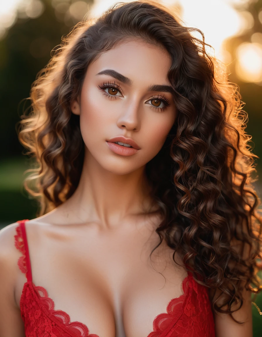 (best quality,4k,highres, highres face details), brown long curly hair, wearing a red lace shirt,18 years old, instagram model, 36DD natural breast, fake lashes, fake lips, dark makeup, perfect skin, tan skin, she is skinny, she is caucasian, golden hour, huge natural breast 36DD, posing, sexy, sensual vibes, whole body image, from head to toes