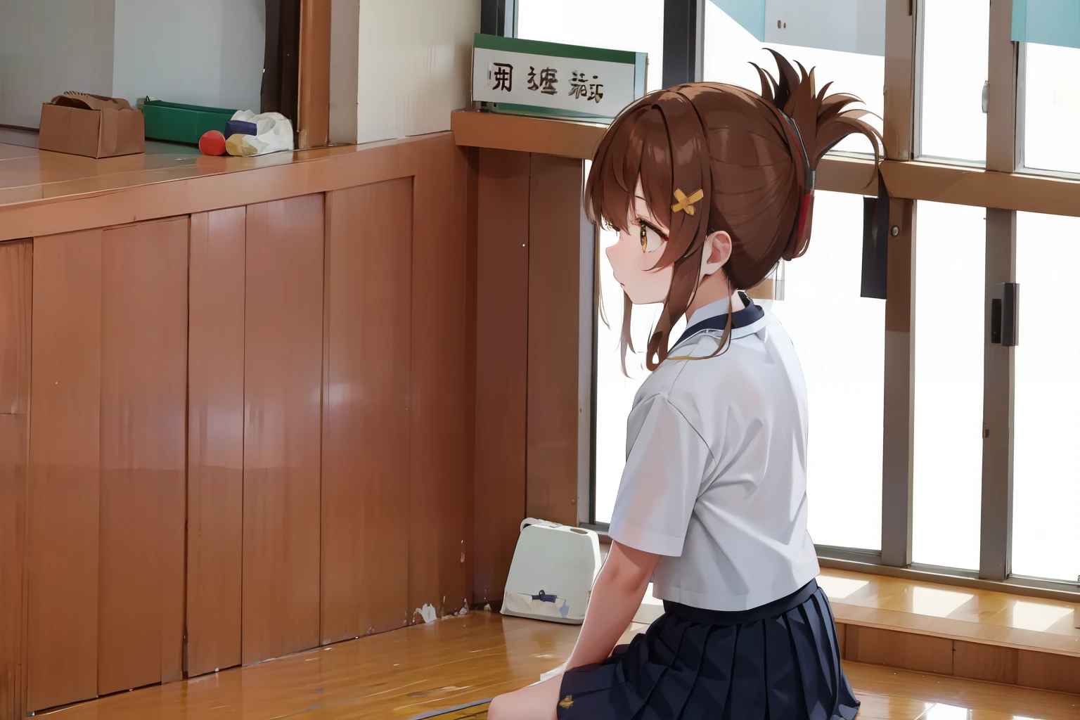 A female student in a sailor uniform sitting on the floor of the gymnasium and watching a physical education class because she feels unwell,(masterpiece, best quality:1.2),illustration,8K,HD,1girl,独奏,upper body,(portrait:1.2),brown_hair,folded_ponytail,brown_eyes,serafuku,long_hair,school_uniform,skirt,pleated_skirt,