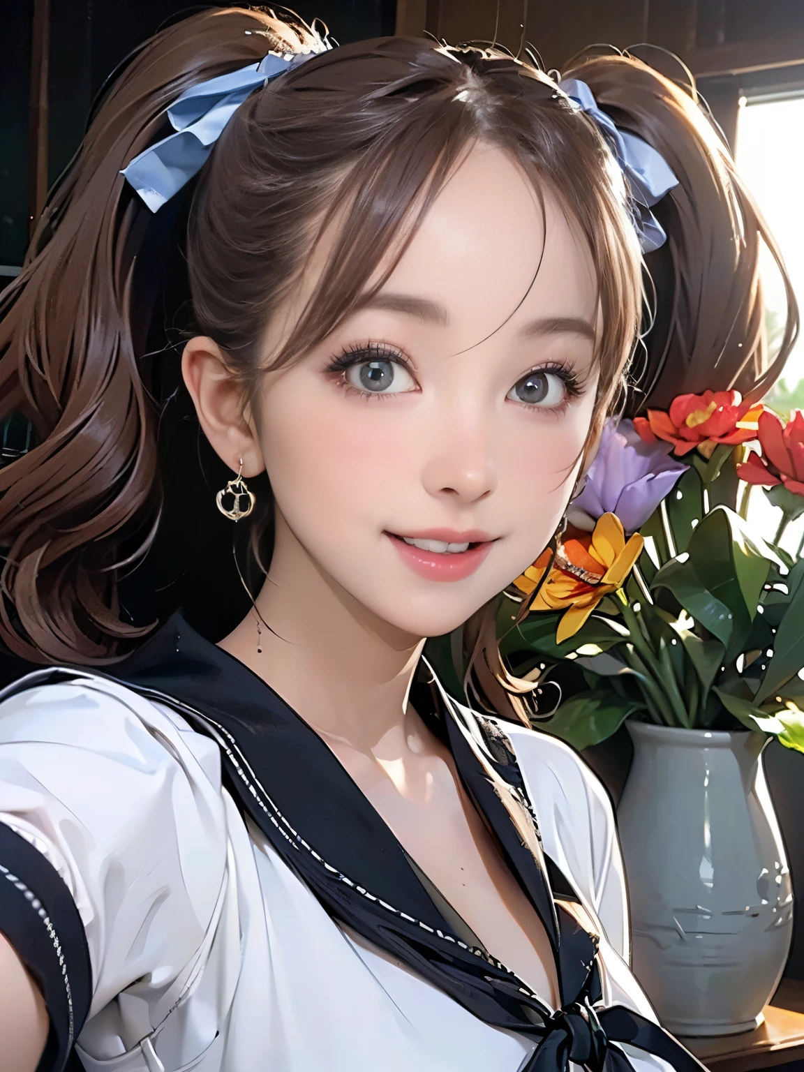((((Highest quality))))、(((Ultra-precision CG16K wallpaper)))、(((masterpiece)))、(((Super detailed)))、(((Extreme detail)))、((１Mature 29 year old woman:1.6))、((Very beautiful Japan face of a person))、((Urizane Face:1.8))、((Twin tail soft wave hair:1.6))、(Shiny Hair)、A delicately drawn beautiful face、(Dark Eyes、Reflected light from the eye)、double eyelid、High nose、Small nostrils、Small Mouth、Seductive lips、Beautiful breasts、((B cup size breasts))、Cleavage、eight-headed body、Perfect proportions、Perfect Anatomy、Perfect composition、Beautiful detailed shading、Beautiful, natural lighting、Beautiful detail glow、Depth of written boundary、(((High chroma)))、(((Real:1.9)))、((vivid:1.5))、((Beautiful Skin))、((Skin Texture))、((Realな皮膚感))、(((Bust Shot:1.6)))、(((front view、shoot from front、front low angle:1.6)))、(((Half-open mouth、Half-open eyes、Ecstatic face:1.8)))、((blush:1.3))、(((looking at camera:1.6)))、Bright daylight、Natural light、(((background_living、vase:1.5)))、(Selfie pose:1.7)、(((High school girl wearing light purple sailor uniform:1.6)))、((Hair Ribbon、necklace、Wearing earrings:1.5))、