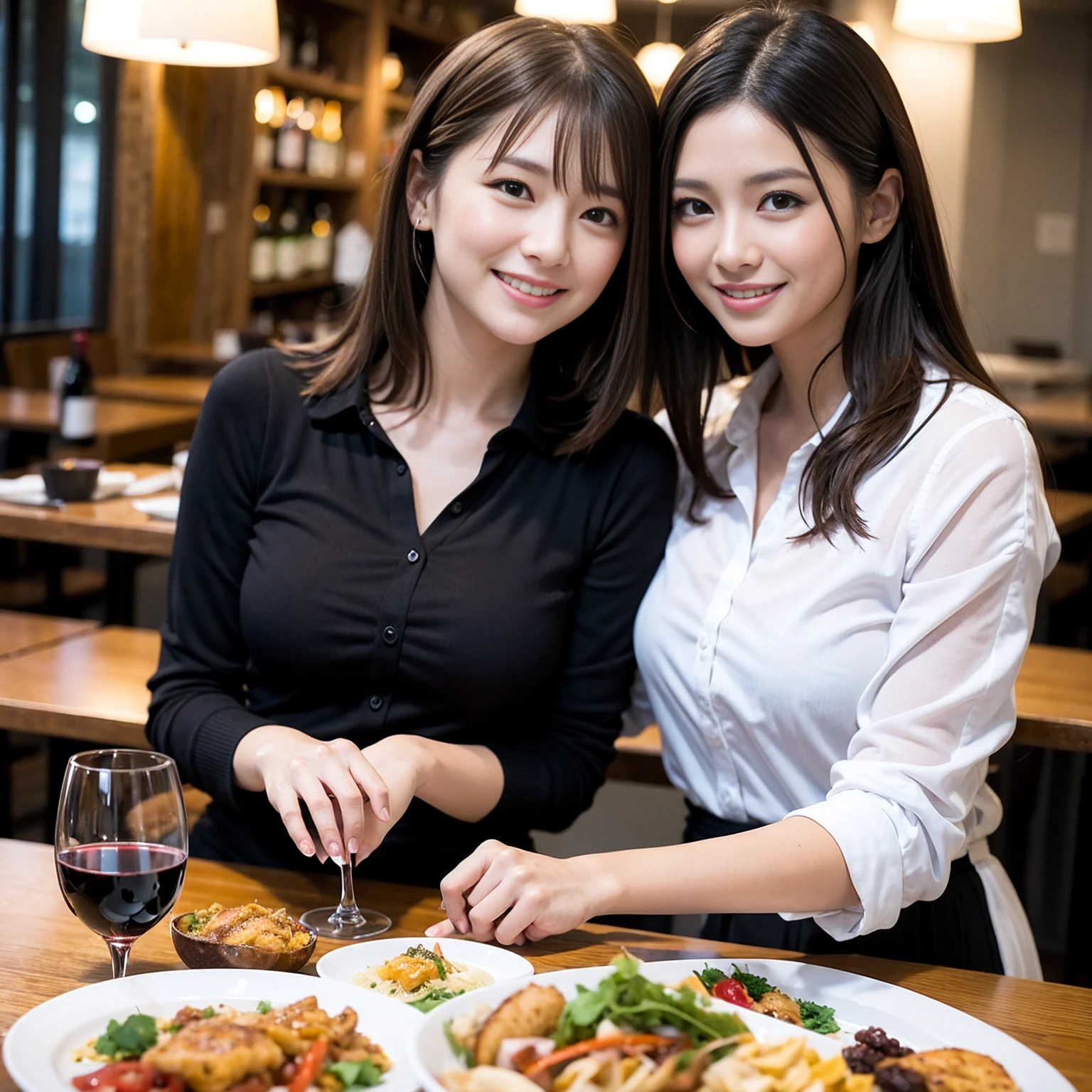 ((Highest quality、8K、masterpiece:1.3))、cute、slimカップル、modelカップル、actress男優、(Realistic, Intricate details:1.2), full-course dinner、Wine Party、Amazing view of the sunset sky and clouds、A bright smile、short hair,Bright Face、 (Age 37), age 34, red wine 、Appetizers、Italian food、Wine bottle、Champagne、sparkling wine、Two beauties、Brown Hair、Shortcuts、Long sleeve shirt、dress、Beautiful woman 1, (slimな顔), (The body is slim), (Brown Hair), (Shortcuts), cheeks turn a little red,Attractive beauty、restaurant, In a prominent place (From the waist up) Nova Frog Style, actress, model, Upper Body, White wine, slim, wine glass, 中央に置かれたwine glass, smile, (smile: 1.15), Beautiful fine grain, Depth f/2,saturation, High Contrast, Strong light and shadow,Moist Body:1.5、3D texture、Delicate eyes、Brown Hair、The hair is very shiny、