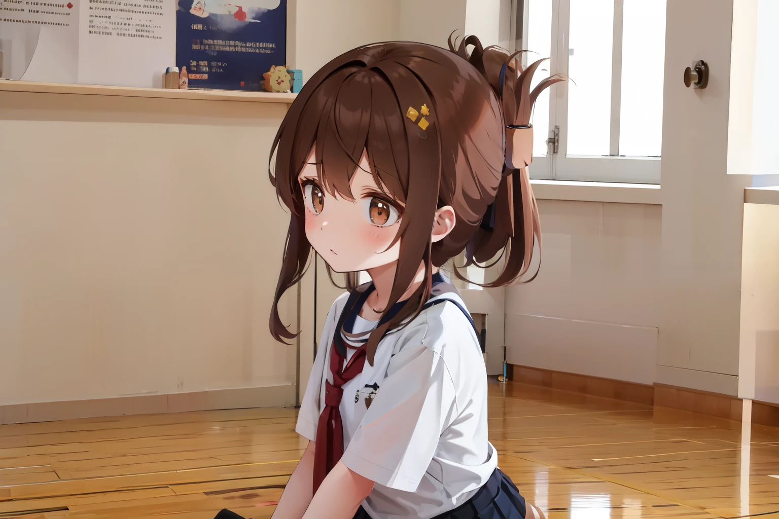 A female student in a sailor uniform sitting on the floor of the gymnasium and watching a physical education class because she feels unwell,(masterpiece, best quality:1.2),illustration,8K,HD,1girl,独奏,upper body,(portrait:1.2),brown_hair,folded_ponytail,brown_eyes,serafuku,long_hair,school_uniform,skirt,pleated_skirt,