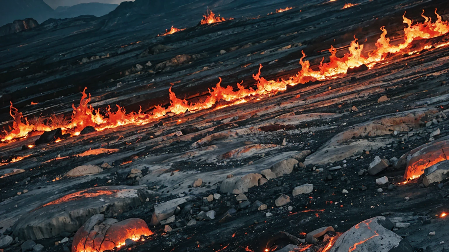 Illustrate a vision of hell from a human's eye-level viewpoint. Flames leap and twist, creating a chaotic blend of reds, oranges, and blacks. The ground is charred and fragmented, with rivers of lava cutting through. Tormented souls are visible, adding to the macabre scene. The background features ominous, crumbling ruins and a landscape of jagged rocks under a sky filled with ash and smoke.