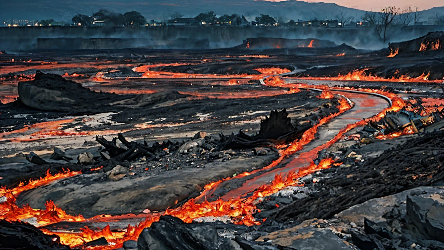 Illustrate a vision of hell from a human's eye-level viewpoint. Flames leap and twist, creating a chaotic blend of reds, oranges, and blacks. The ground is charred and fragmented, with rivers of lava cutting through. Tormented souls are visible, adding to the macabre scene. The background features ominous, crumbling ruins and a landscape of jagged rocks under a sky filled with ash and smoke.