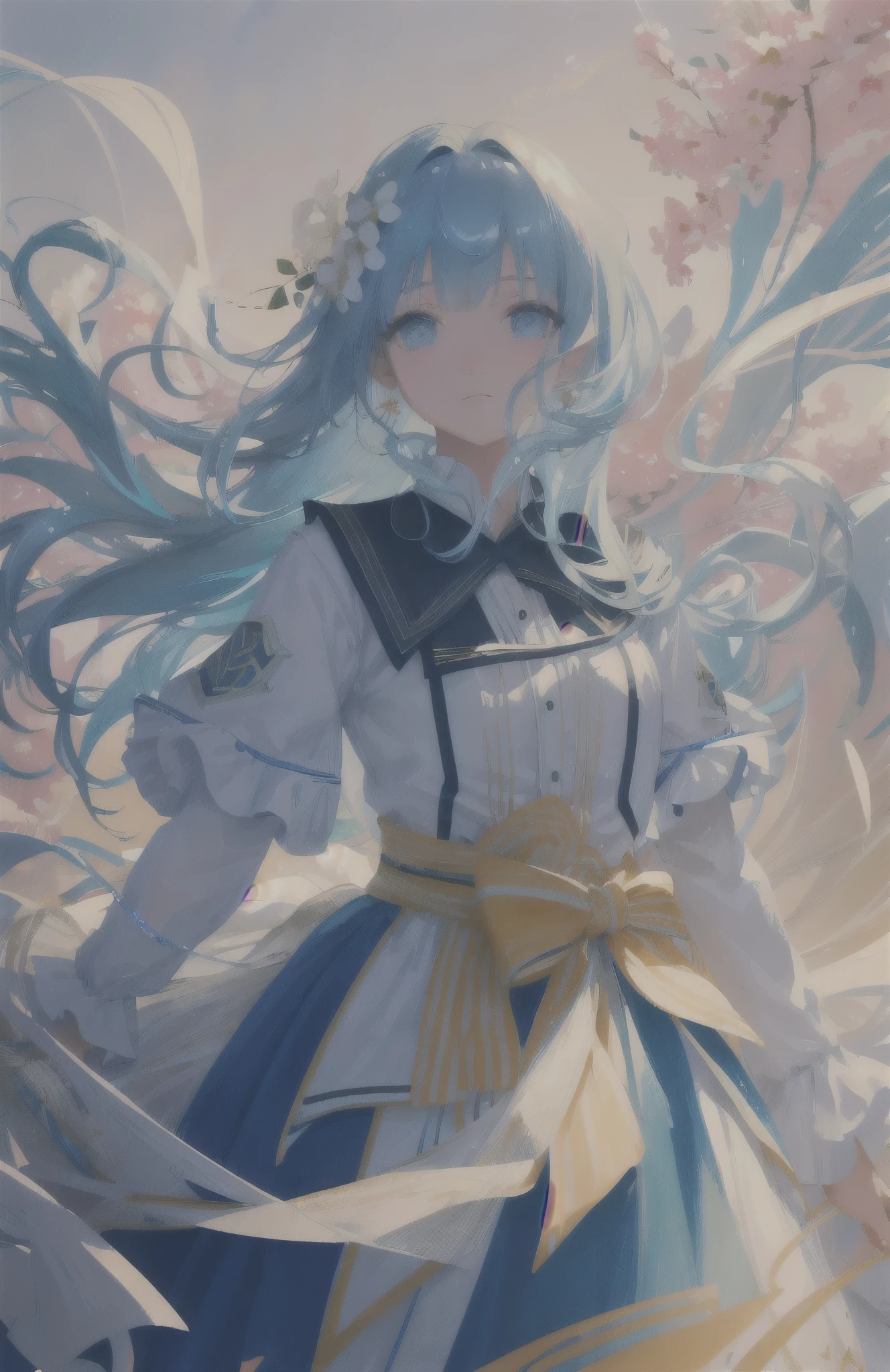 (masterpiece), (best quality), (ultra detailed),(disheveled hair),(illustration), (1girl), (Fashionable clothing), standing, Fashion model, looking at viewer, (interview), (simple background),beautiful detailed eyes, delicate beautiful face, Floating,(high saturation),(colorful splashes),colorful bubble,(shining), focus on face,  kamisato ayaka, light blue hair, bangs, hair ring, floating flowers, floating hairs.Girl, anime waifu, looking at viewer, highlydetailed, reflections transparent iridescent colors, long transparent iridescent RGB hair, artby Serafleur from artstation, thick acrylic，illustration on pixiv, waist up portrait, gorgeoussacred girl, best quality, ultra detailed,sad,clever,beautiful face , beautiful lighton black background, Character stvle renderedby Octane, 
