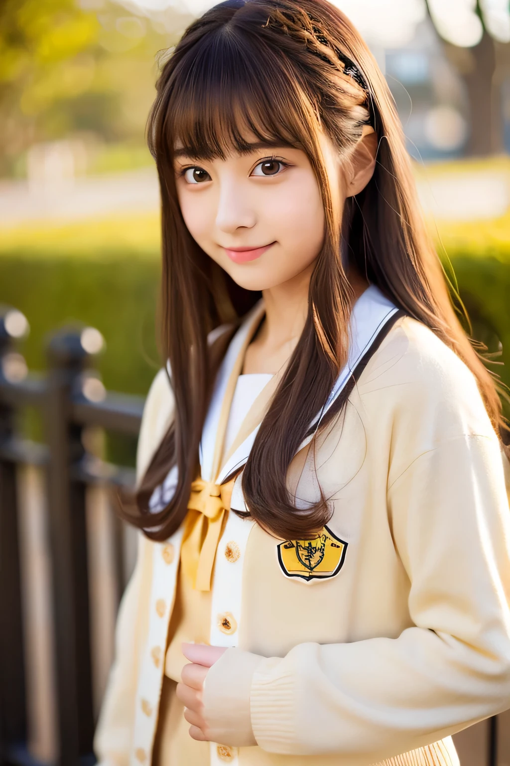 Photorealistic、Highest quality、８K、Japanese girl、Light yellow cardigan、Black Sailor Suit、uniform、Red ribbon in hair、Brown Hair、Long Hair、Idol Girl、cute、Straight Hair、