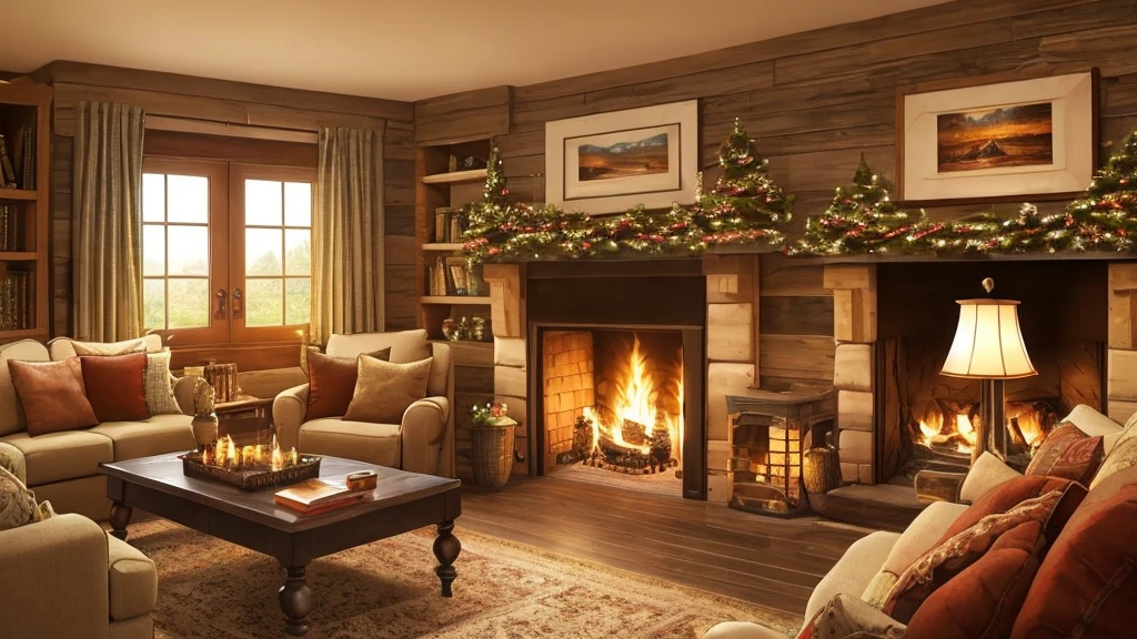 arafed view of a cozy living room with a fire place, a detailed matte painting inspired by Terry Redlin, shutterstock, digital art, cozy wallpaper, cozy home background, cozy place, cozy atmospheric, cozy and peaceful atmosphere, cozy environment, cozy and calm, cozy living room background, cosy enchanted scene, cozy setting, cozy atmosphere, cozy room dark night
