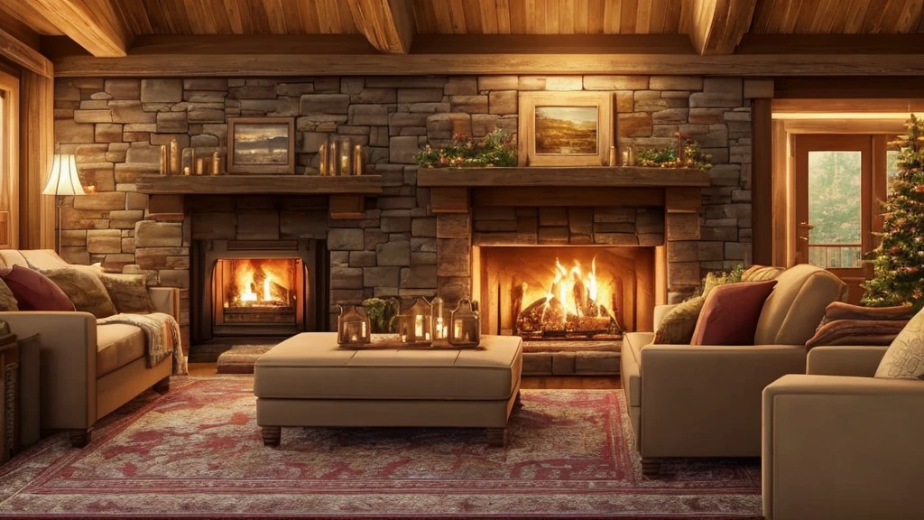 arafed view of a cozy living room with a fire place, a detailed matte painting inspired by Terry Redlin, shutterstock, digital art, cozy wallpaper, cozy home background, cozy place, cozy atmospheric, cozy and peaceful atmosphere, cozy environment, cozy and calm, cozy living room background, cosy enchanted scene, cozy setting, cozy atmosphere, cozy room dark night
