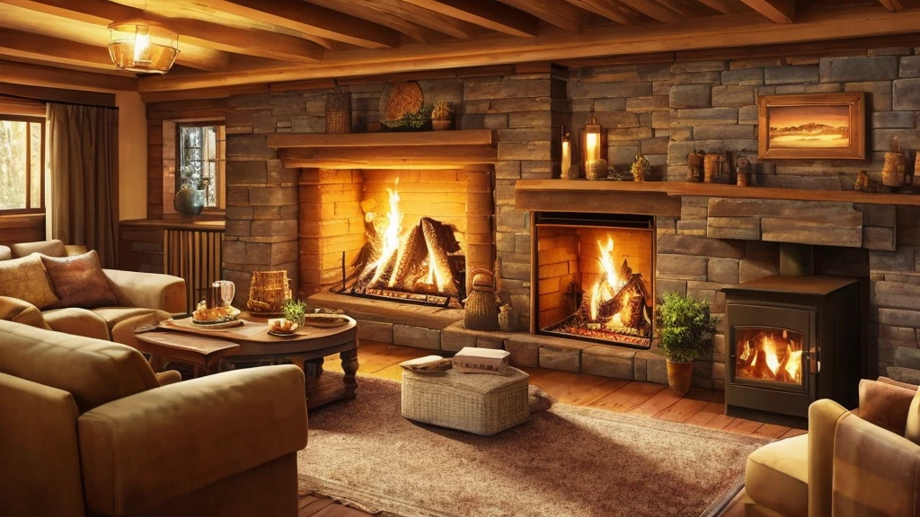arafed view of a cozy living room with a fire place, a detailed matte painting inspired by Terry Redlin, shutterstock, digital art, cozy wallpaper, cozy home background, cozy place, cozy atmospheric, cozy and peaceful atmosphere, cozy environment, cozy and calm, cozy living room background, cosy enchanted scene, cozy setting, cozy atmosphere, cozy room dark night
