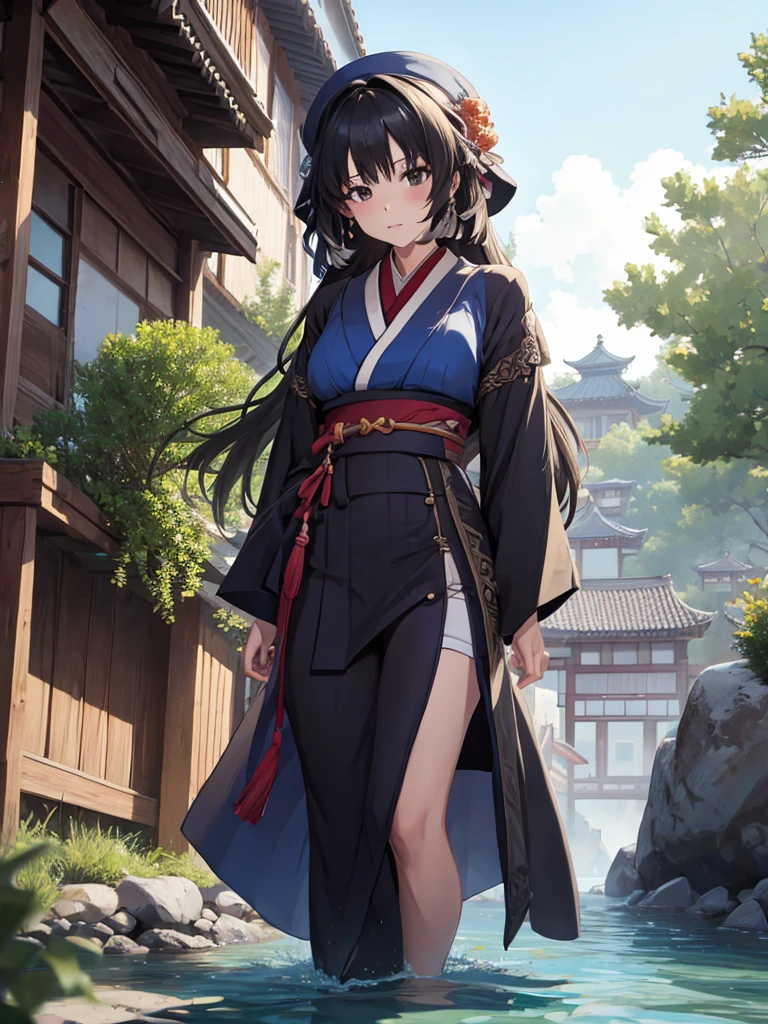 Yangyang from wuthering waves, 1woman, wearing a long Japanese kimono with flowers art, at a japan village, black colour hair style, 8k, high detailed, high quality