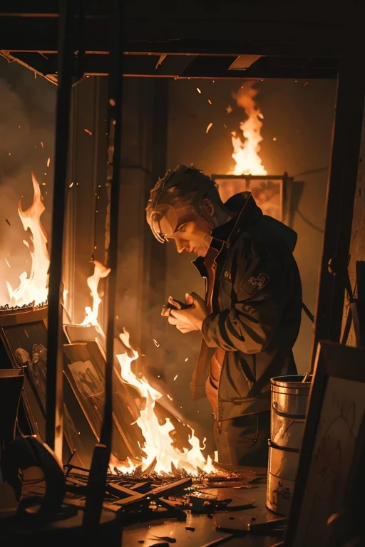 Flames throughout an artist's studio, a young man with dark hair is trapped inside shields his face from the flames, fire engulfs the entire studio