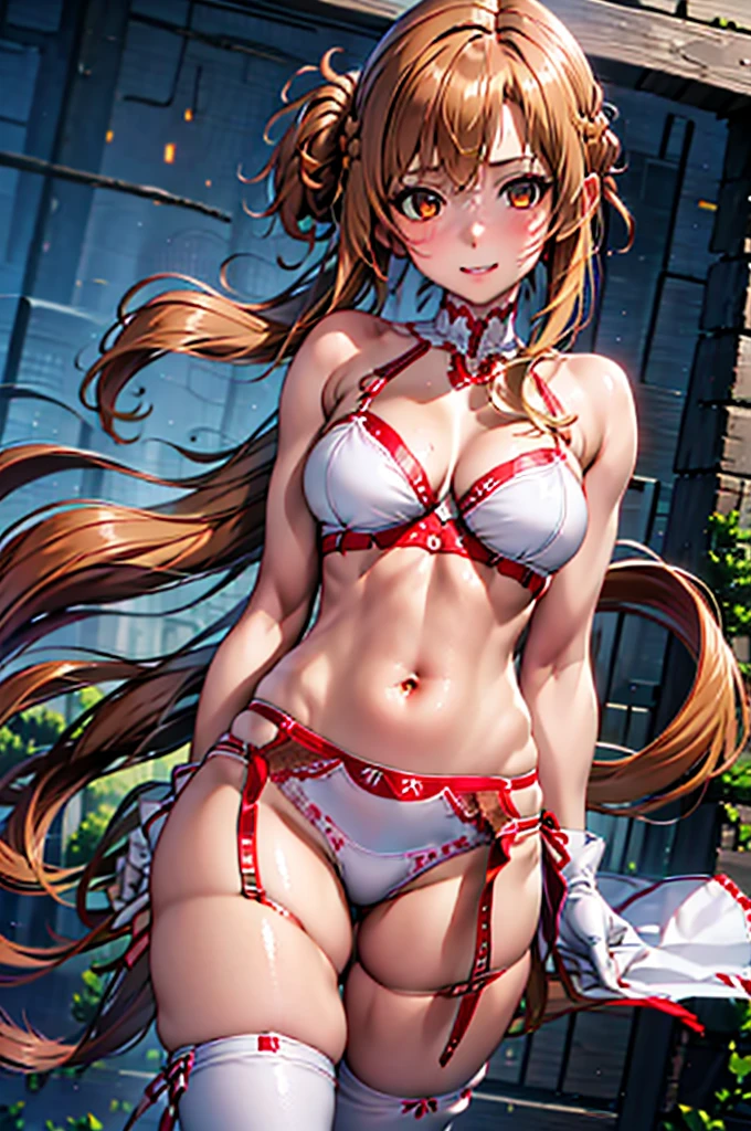 Highest quality, Master Parts, Portraiture, One girl, Yuuki as a costume, Brown Hair, lingerie, Mr.々Sexy Positions, Brown eyes, Medium chest, Long Hair, Pigtail, Catbo, White gloves, White Uniform, White boots, Red Skirt, Red Bracelet, View the viewer, internal, With a smile,