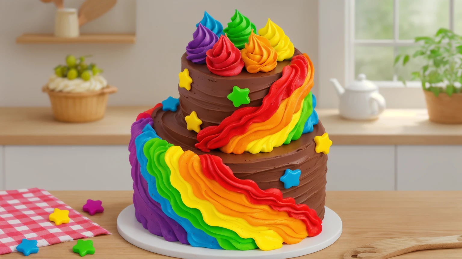 on a wooden table. there is a white plate. double tier chocolate cake ((chocolate cream texture, strokes of a pastry spatula)), rainbow cream in stitches, decorated with rainbow stars made of polymer clay, multi-colored cream on top ((cream highlights)), on the table there is a checkered tablecloth and star cornets made of polymer clay. against the background of the kitchen, vase with plant, Fruit basket, kettle, shelf with kitchen utensils. Beautiful light from the window, contour light, Multiple light sources, beautiful lighting, Bright light source, bright lighting, beautiful light sources, Multiple light sources, Realistic style , realistic texture, detailed texture, A high resolution, high quality, macro photography