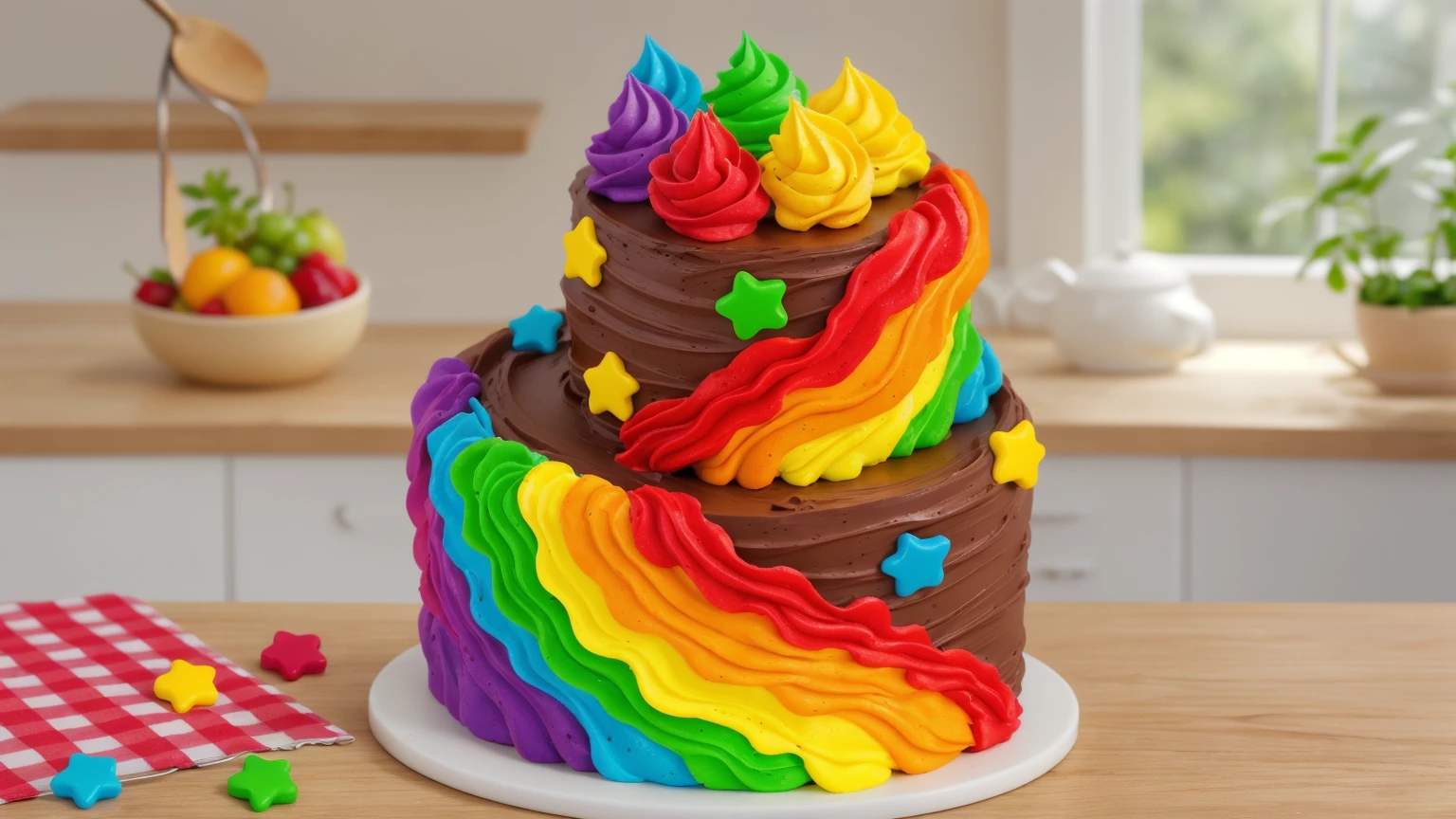 on a wooden table. there is a white plate. double tier chocolate cake ((chocolate cream texture, strokes of a pastry spatula)), rainbow cream in stitches, decorated with rainbow stars made of polymer clay, multi-colored cream on top ((cream highlights)), on the table there is a checkered tablecloth and star cornets made of polymer clay. against the background of the kitchen, vase with plant, Fruit basket, kettle, shelf with kitchen utensils. Beautiful light from the window, contour light, Multiple light sources, beautiful lighting, Bright light source, bright lighting, beautiful light sources, Multiple light sources, Realistic style , realistic texture, detailed texture, A high resolution, high quality, macro photography