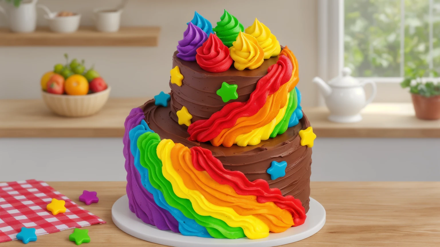 on a wooden table. there is a white plate. double tier chocolate cake ((chocolate cream texture, strokes of a pastry spatula)), rainbow cream in stitches, decorated with rainbow stars made of polymer clay, multi-colored cream on top ((cream highlights)), on the table there is a checkered tablecloth and star cornets made of polymer clay. against the background of the kitchen, vase with plant, Fruit basket, kettle, shelf with kitchen utensils. Beautiful light from the window, contour light, Multiple light sources, beautiful lighting, Bright light source, bright lighting, beautiful light sources, Multiple light sources, Realistic style , realistic texture, detailed texture, A high resolution, high quality, macro photography