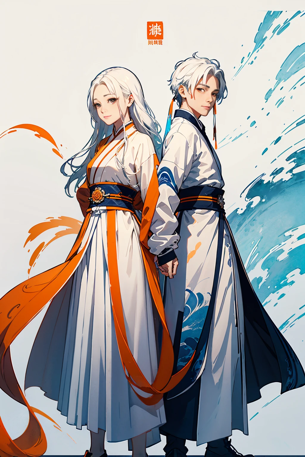 high quality , one white hair girl and one white hair boy, long hair, wuxia character, ((white clothes with blue and orange accent)), ink painting background, flat background, minimalist background, wind pattern background, smiling, standing back to back