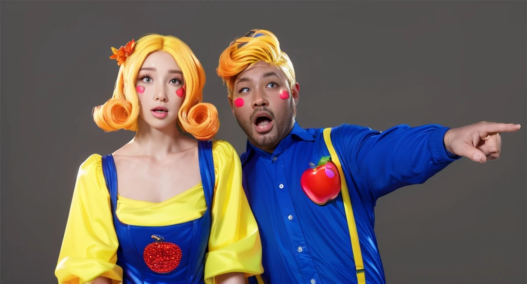 The image features a couple, both dressed in costumes representing the characters of Snow White and the Seven Dwarfs, standing against a black background. 3d style, simplified design, 3d render, glossy texture, smooth 3d model, multiple light sources, rim light, sharp post effects render, (glossy plastic texture with multiple big light probe refractions), perfect cgi, smooth silhouette, high intensity refraction, (super glossy material), most beautiful vfx , blue background, plastic refractions, realistic, 4k, high resolution, rim light, photo shoot, commercial photo, profile shot, 4k, rim light, high resolution, 4k, glossy texture, smooth 3d model, multiple light sources, rim light, sharp post effects render, (glossy metallic texture with multiple big light probe refractions), perfect cgi, cgi art created only with gradients, smooth silhouette, high intensity refraction, (super glossy chrome material), most beautiful vfx, blue background, chrome metal refractions, multiple light sources, rim light, sharp post effects render, perfect cgi, digital art, detailed digital art, reflective, best quality, 4k, masterpiece:1.2, ultra-detailed, realistic, vivid colors, dark and moody lighting, The image of the highest quality, ensuring every detail is showcased perfectly. It in 4k resolution, allowing viewers to immerse themselves in the richness of the colors and intricate details. The realistic rendering. under the spotlight, reflecting, high-resolution image, realistic rendering, dark background, and rim light photorealistic The image features three characters standing in front of three houses. The characters are a red-haired mermaid, a purple cat, and an orange dog. They are each holding a yellow maraca