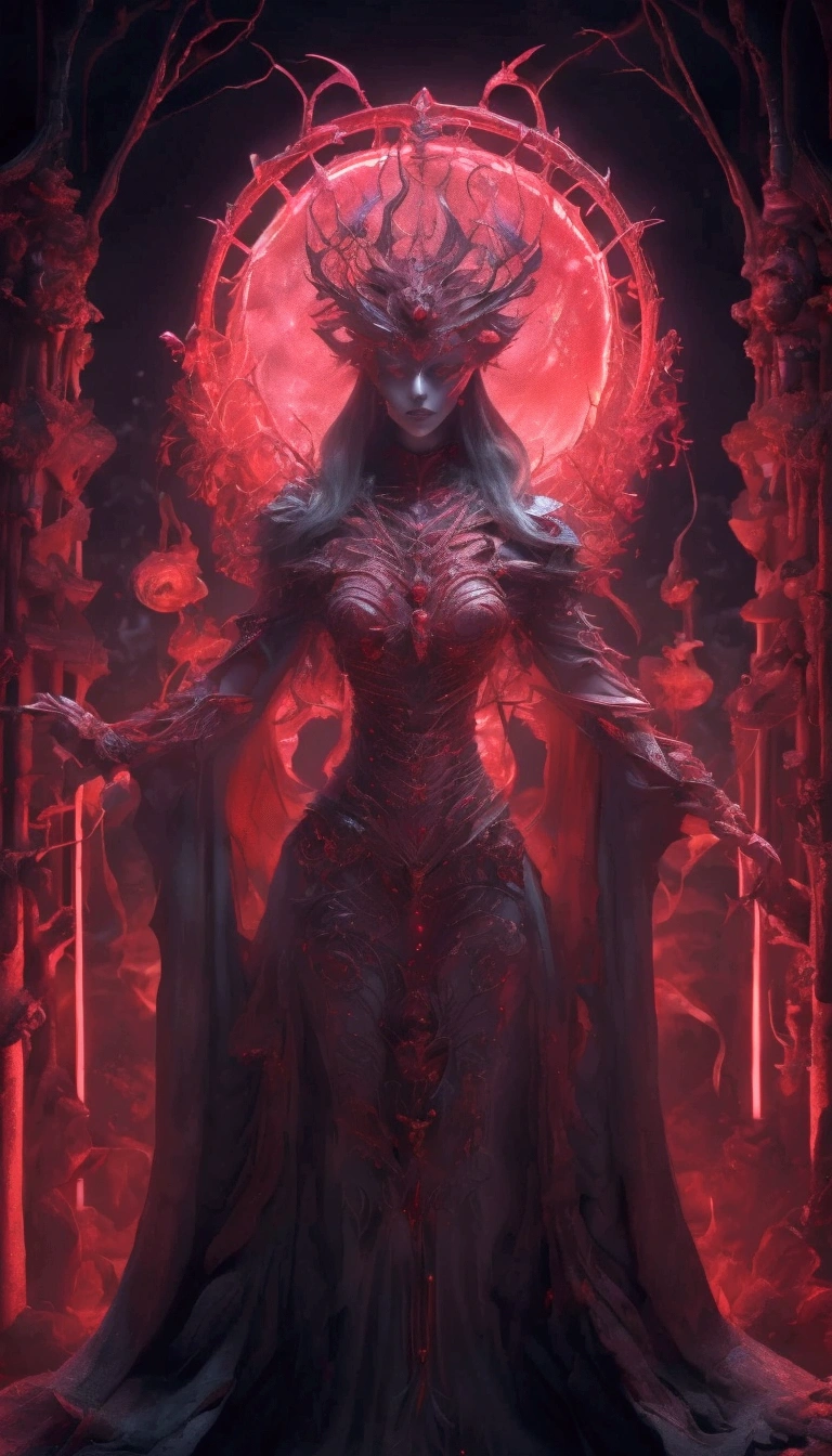 A mesmerizing masterpiece illuminated by the eerie neon glow of the Blood Moon.、Introducing the Red Necromancer, meticulously rendered in 8K Ultra HD。Ray tracing is、It highlights the intricate details of the robe, adorned with subtle particle effects that shimmer under soft atmospheric lighting.。The necromancer himself、Very detailed、With an almost surreal anatomical structure、It exudes a sinister charm、Its eyes glow like embers in the pale light of the blood moon.。Best quality and sharpest images、The sharp, shadowy edges of his crimson robes、This is evident in the sharp edges of the skeletal staff,  translucent clothing, nude, nsfw, nude, underboob 