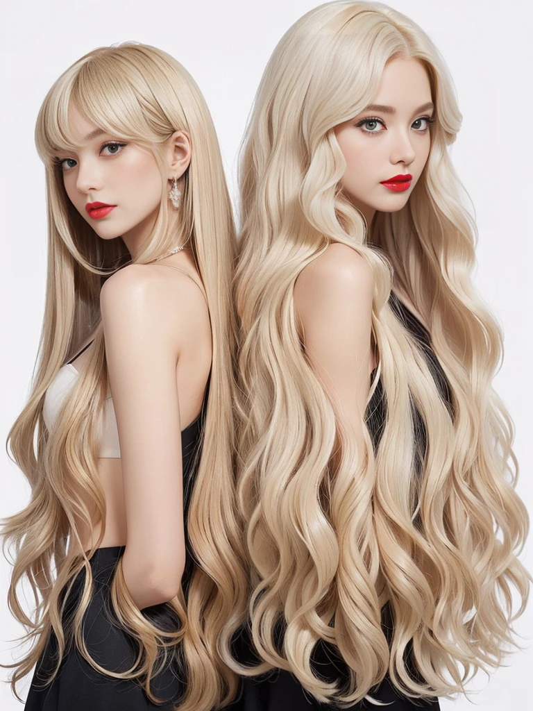2Women　(White wall background:1.4. Upper body photo from the knees up)　((Random hip poses showing as much back and hair as possible))　((Beautiful model with long platinum blonde hair, girl with super length Hair, extremely length Hair, extra length Hair, very long, Flowing Hair, very length Hair, length Hair girl, very long, Flowing platinum blonde hair, length Hair windy, very longプラチナブロンドヘア, length, Flowing Hair, length and or curly hair, with length Hair, length Hair!!!!　Her Highest quality hair is long and 真っ直ぐ or curly hair very long, Highest qualityのプラチナブロンド, length hair in the center, Highest quality long Straight or curly hair, length, Straight or curly hair, beautiful, High quality platinum blonde hair, length and platinum blonde hair highest quality Straight or curly hair, length Hair, length and Straight or curly hair, Highest qualityのプラチナブロンドヘア, Perfect silky Straight or curly hair of the Highest quality, Straight or curly hair, Highest qualityのプラチナブロンドヘア, length platinum blonde hair　Straight or curly hair, length, Bright platinum blonde hair　Her hair is long and Straight or curly hair, very longプラチナブロンドヘア, length hair in the center, length Straight or curly hair, length, Straight or curly hair, beautiful hair of the Highest quality, length Hair, length, Straight or curly hairプラチナブロンドヘア))　(Her bangs are perfect.:1.3)　((Highest quality))　((masterpiece))　(family friendly)　(Get used to it)　　(Received a sensual make-up treatment by a professional make-up artist....　Exquisite texture:1.4　Bright red lipstick!!!　Beautiful black eyeliner)　Perfect Woman&#39;face　(Her face is dignified そして sexy)　((Her eyebrows are very thin:1.8))　Perfect Woman&#39;face　(Her face shape is thinner than average:1.8)　(Her eyes are larger than average:1.8　Her nose is higher than average:1.8)　(She is more glamorous than the average French woman.:1.5　Her skin is the typical complexion of t