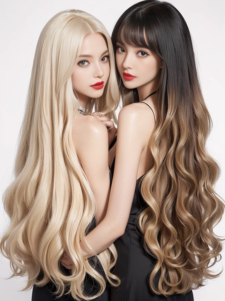 2Women　(White wall background:1.4. Upper body photo from the knees up)　((Random hip poses showing as much back and hair as possible))　((Beautiful model with long platinum blonde hair, girl with super length Hair, extremely length Hair, extra length Hair, very long, Flowing Hair, very length Hair, length Hair girl, very long, Flowing platinum blonde hair, length Hair windy, very longプラチナブロンドヘア, length, Flowing Hair, length and or curly hair, with length Hair, length Hair!!!!　Her Highest quality hair is long and 真っ直ぐ or curly hair very long, Highest qualityのプラチナブロンド, length hair in the center, Highest quality long Straight or curly hair, length, Straight or curly hair, beautiful, High quality platinum blonde hair, length and platinum blonde hair highest quality Straight or curly hair, length Hair, length and Straight or curly hair, Highest qualityのプラチナブロンドヘア, Perfect silky Straight or curly hair of the Highest quality, Straight or curly hair, Highest qualityのプラチナブロンドヘア, length platinum blonde hair　Straight or curly hair, length, Bright platinum blonde hair　Her hair is long and Straight or curly hair, very longプラチナブロンドヘア, length hair in the center, length Straight or curly hair, length, Straight or curly hair, beautiful hair of the Highest quality, length Hair, length, Straight or curly hairプラチナブロンドヘア))　(Her bangs are perfect.:1.3)　((Highest quality))　((masterpiece))　(family friendly)　(Get used to it)　　(Received a sensual make-up treatment by a professional make-up artist....　Exquisite texture:1.4　Bright red lipstick!!!　Beautiful black eyeliner)　Perfect Woman&#39;face　(Her face is dignified そして sexy)　((Her eyebrows are very thin:1.8))　Perfect Woman&#39;face　(Her face shape is thinner than average:1.8)　(Her eyes are larger than average:1.8　Her nose is higher than average:1.8)　(She is more glamorous than the average French woman.:1.5　Her skin is the typical complexion of t