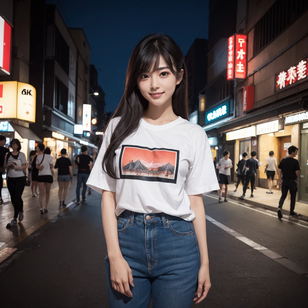 One beauty、((best qualtiy、8k masterpieces:1.3))、foco nítido:1.2、(ultra beautiful faces:1.0)、(shinny skin:1.0)、photos realistic、A dark-haired、Video Lighting、High-definition eyes and face、Video Lighting、25-year-old Japan actress、from the front side、medium breasts、Smile、Slender Abs Beauty、Whole body、Wearing a Japan blackT-shirt、In the downtown area at night