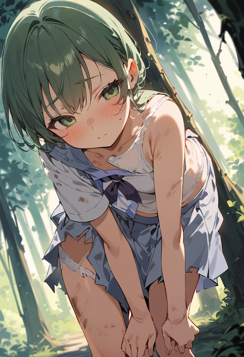 beautiful detailed girl,(masterpiece,best quality,extremely detailed:1.2),((cowboy shot:1.1)),(solo,,kawaii,slender,small breasts:1.25),(pained look:0.8),((white underwear) in ((Torn school uniform)):2),(dirty:2),blush,shy,weep,standing,(deep forest:1.5),(hug:0.4),rating: general, newest,Sexy face