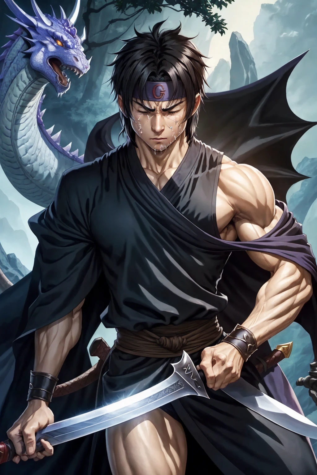 Male swordsman,cape, black robe, headband, 2 dragons,Huge erect penis､Well-trained muscles,Young boy,Face in pain,Crying face,Drooling,Protruding veins in the body,