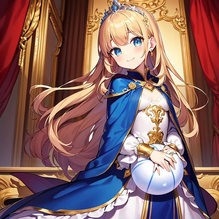 looking at viewer, upper body,(masterpiece),(best quality),(rococo style),(long train blue cape:1.15), very long cape,(long train white ball gown with flower decorations:1.1), a girl is wearing a cape over her gown, 1 little princess, tiara, smile, very long hair, small breasts