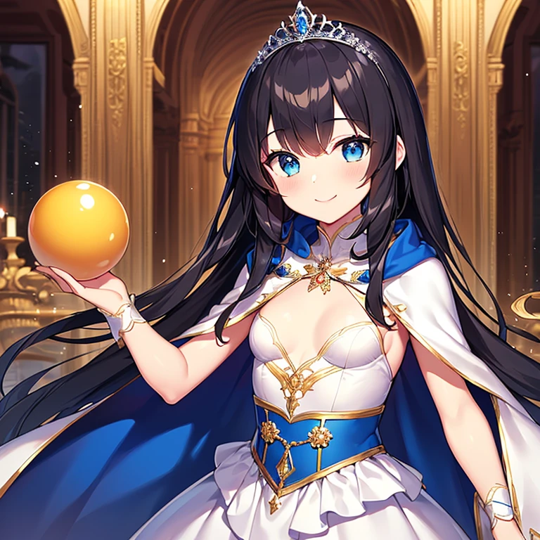 looking at viewer, upper body,(masterpiece),(best quality),(rococo style),(long train blue cape:1.15), very long cape,(long train white ball gown with flower decorations:1.1), a girl is wearing a cape over her gown, 1 little princess, tiara, smile, very long hair, small breasts