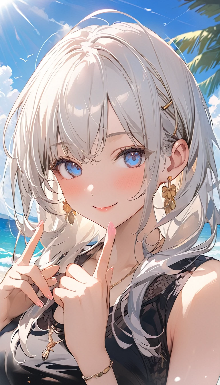 (masterpiece, highest_quality), very be familiar with cg unity 8k wallpaper, wonderful_Are you okay_figure, BREAK 1girl, (long white hair:1.5), big breasts, (shy smile), blue eyes, anime style 4k, beautiful anime portrait, anime moe art style, anime art wallpaper 4k, High quality anime art style, anime style portrait, be familiar with digital anime art, anime art wallpaper 8k, cute anime girl portrait, Hawaii background, blue sea, palm trees, sunlight, whole body, BREAK depth of field, perfect hands, nice fingers, 5_finger, 4_finger,1_thumb,