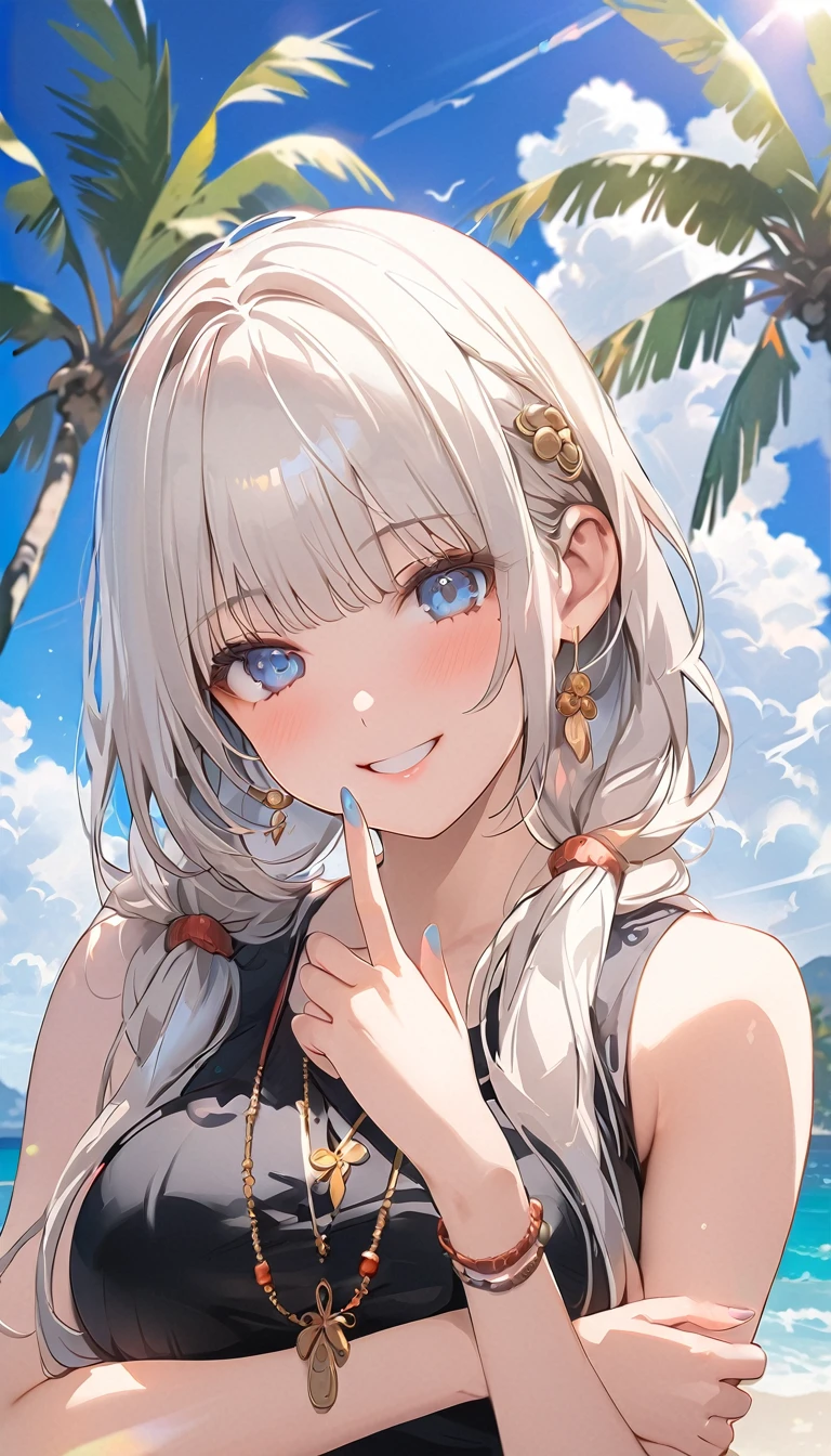 (masterpiece, highest_quality), very be familiar with cg unity 8k wallpaper, wonderful_Are you okay_figure, BREAK 1girl, (long white hair:1.5), big breasts, (shy smile), blue eyes, anime style 4k, beautiful anime portrait, anime moe art style, anime art wallpaper 4k, High quality anime art style, anime style portrait, be familiar with digital anime art, anime art wallpaper 8k, cute anime girl portrait, Hawaii background, blue sea, palm trees, sunlight, whole body, BREAK depth of field, perfect hands, nice fingers, 5_finger, 4_finger,1_thumb,