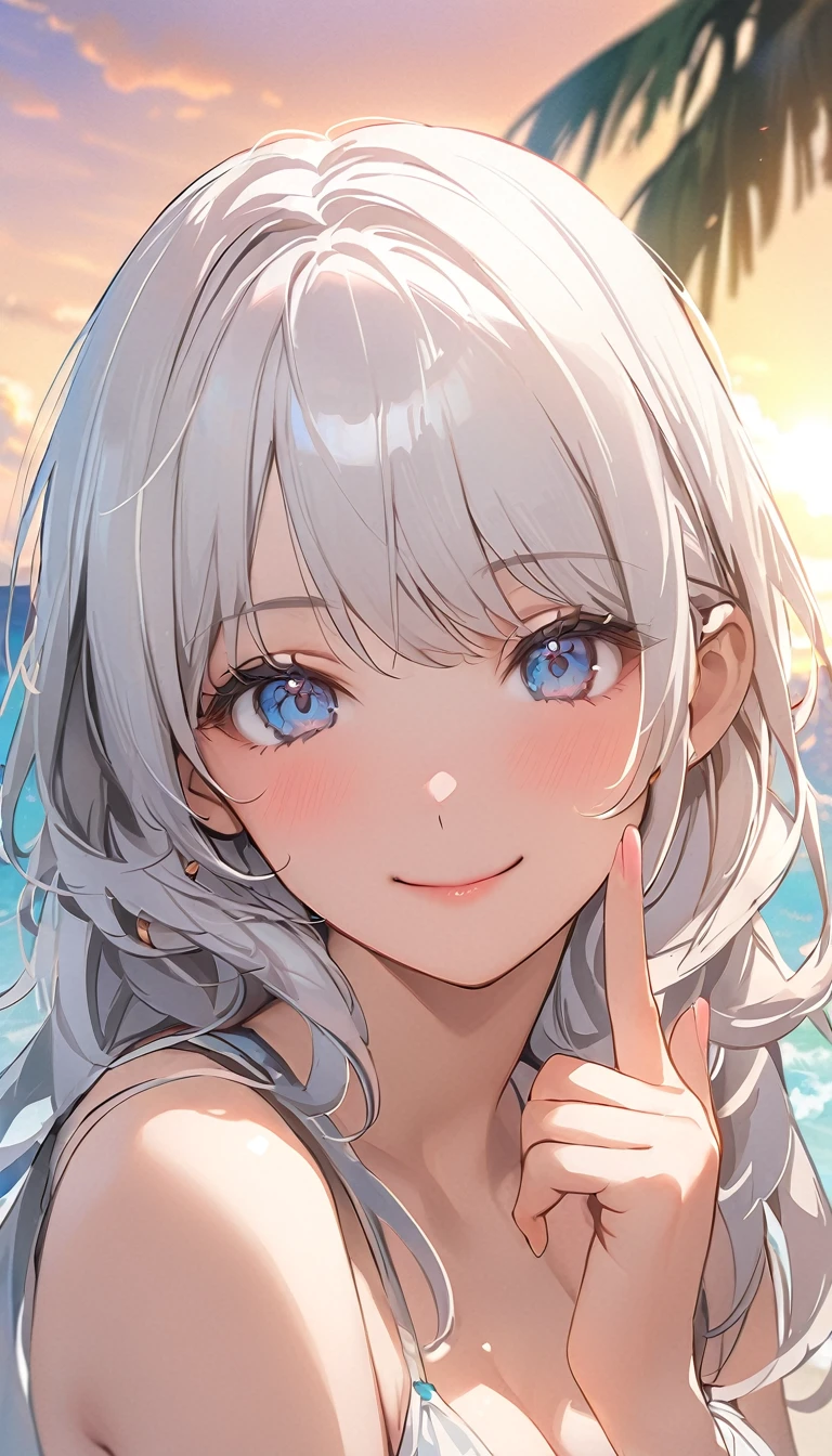 (masterpiece, highest_quality), very be familiar with cg unity 8k wallpaper, wonderful_Are you okay_figure, BREAK 1girl, (long white hair:1.5), big breasts, (shy smile), blue eyes, anime style 4k, beautiful anime portrait, anime moe art style, anime art wallpaper 4k, High quality anime art style, anime style portrait, be familiar with digital anime art, anime art wallpaper 8k, cute anime girl portrait, Hawaii background, blue sea, palm trees, sunlight, whole body, BREAK depth of field, perfect hands, nice fingers, 5_finger, 4_finger,1_thumb,