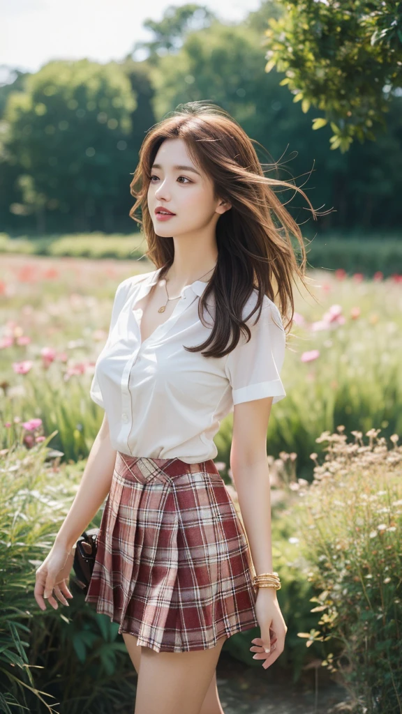 NSFW, 8k RAW photos, best quality, masterpiece, ultra high resolution, film grain, movie, 1 woman, looking at viewer, natural skin texture, Realistic eye and facial details, full Lips, Lipstick, (assembly), Red eyeshadow, Long straight hairstyle, messy hair, laugh, 입을 다water다, beautiful leg, tall woman, thin, slim_leg, alone, huge breasts, I can see my cleavage, I can see your underwear, posture with chest out., pretty short skirt, panties are visible, shirt, beautiful natural location, Around the flower field, (detailed background), plaid skirt, white shirt, huge breasts, divided, Show a little divided through the shirt, loafers, treasury background, treasury, possession, plaid, short sleeve, brown hair, bracelet, water, forehead, , jewelry store, parted Lips, Lips, pleated skirt, depth of field