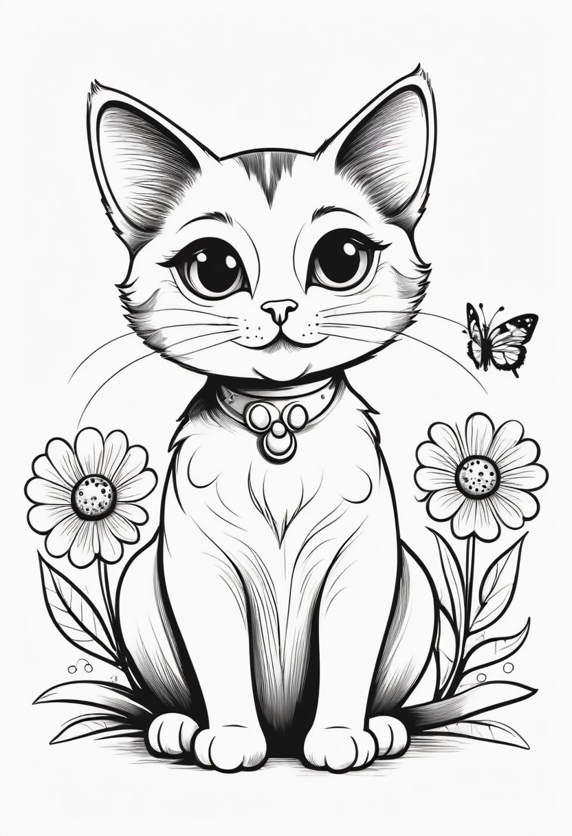 A delightful black and white line art and straightforward illustration of an adorable cat with oversized expressive eyes. The cat is contentedly sitting with its paws tucked under its body, wearing a small smile. Surrounding the cat are two simplistic flowers, one on each side. A whimsical butterfly with uncomplicated wings hovers above the cat's head. The illustration is composed of bold, black lines on a clean white background, providing a fun and engaging coloring experience for children., illustration