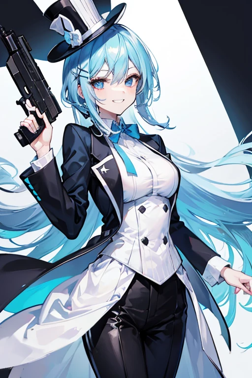 Crossdresser Light blue hair Holding a gun in each hand Grin White Top Hat Black suit