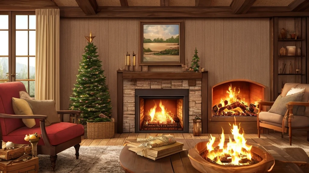 arafed view of a cozy living room with a fire place, a detailed matte painting inspired by Terry Redlin, shutterstock, digital art, cozy wallpaper, cozy home background, cozy place, cozy atmospheric, cozy and peaceful atmosphere, cozy environment, cozy and calm, cozy living room background, cosy enchanted scene, cozy setting, cozy atmosphere, cozy room night