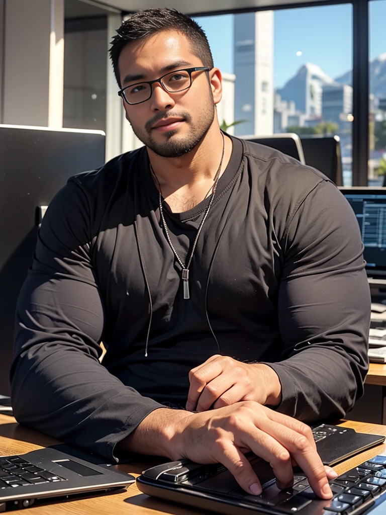crew cut, (((full body))), (((landscape))), mature man, [slightly fat], asian man, rounded face, brown eyes, ((rounded face)), glasses, balding, 1boy, Solo, (big shoulders), (((stubbles, Short beard))),There's a man sitting at a desk with two computer monitors, sentado em um computador, sentado em frente ao computador, olhando para o monitor, displaying stock charts, sentado em uma mesa de computador, na frente de um computador, trading, trading stocks,
