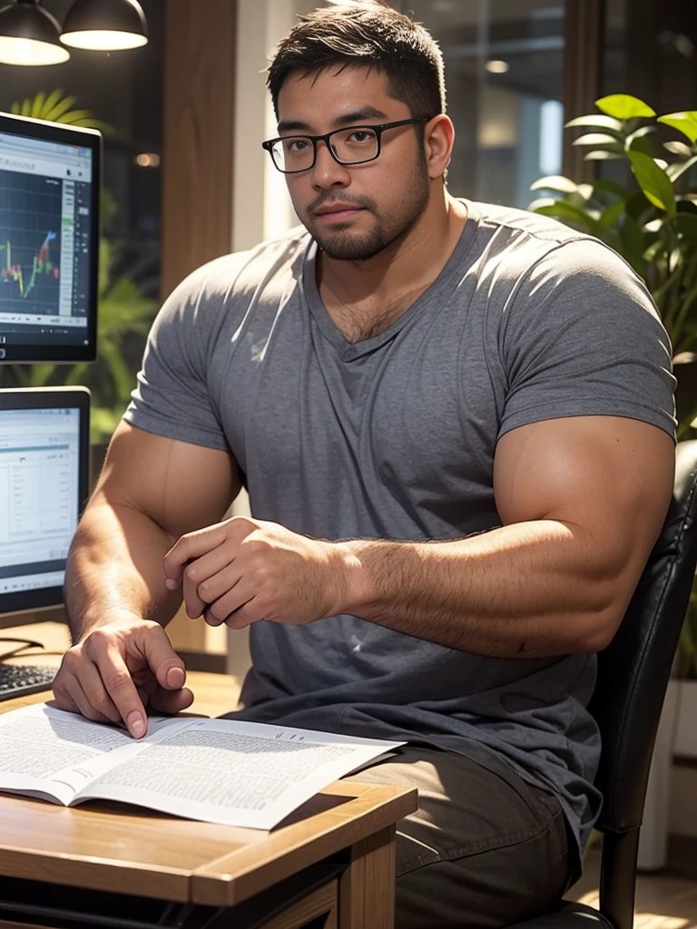 crew cut, (((full body))), (((landscape))), mature man, [slightly fat], asian man, rounded face, brown eyes, ((rounded face)), glasses, balding, 1boy, Solo, (big shoulders), (((stubbles, Short beard))),There's a man sitting at a desk with two computer monitors, sentado em um computador, sentado em frente ao computador, olhando para o monitor, displaying stock charts, sentado em uma mesa de computador, na frente de um computador, trading, trading stocks,