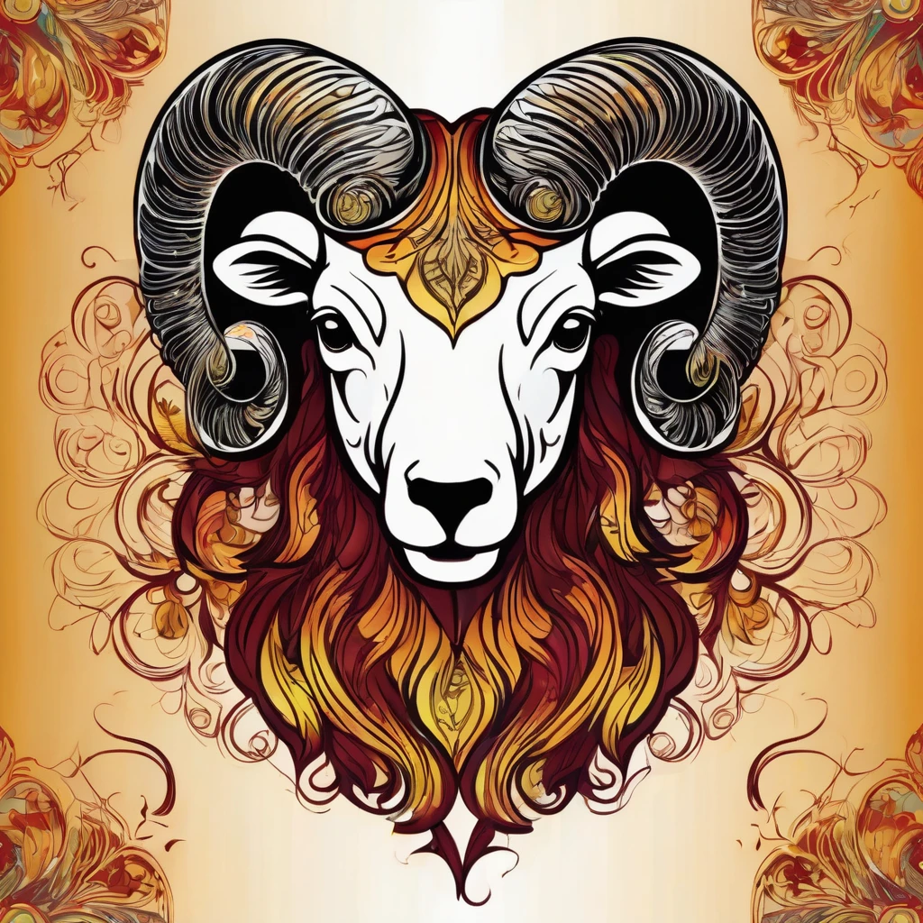 Fierce ram composed of flame patterns, Art Nouveau-inspired linework, passionate and dynamic, flickering fire illumination, intricate swirling designs, gradient of warm yellows to deep reds, centered chest and upper back print, embossed metallic effect, elemental zodiac collection, T-shirt design graphic, vector, contour, white background