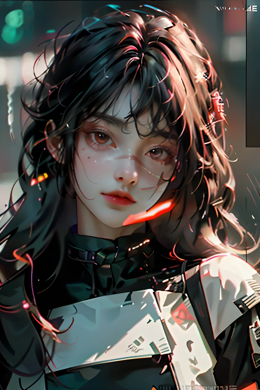 ((best quality)), ((Masterpiece)), (details:1.4), 3d, Image of a beautiful cyberpunk woman., HDR (high dynamic range), long hair, Red hair, future police, PBR surface, After processing,Anisotropic filtration,depth of field, Maximum clarity and clarity, multi-layered surface, perfect proportions, 8K raw files, รอยแผลเป็นบนใบหน้าชัด, หน้าอกใหญ่, Yoru, Brown and well-detailed eyes