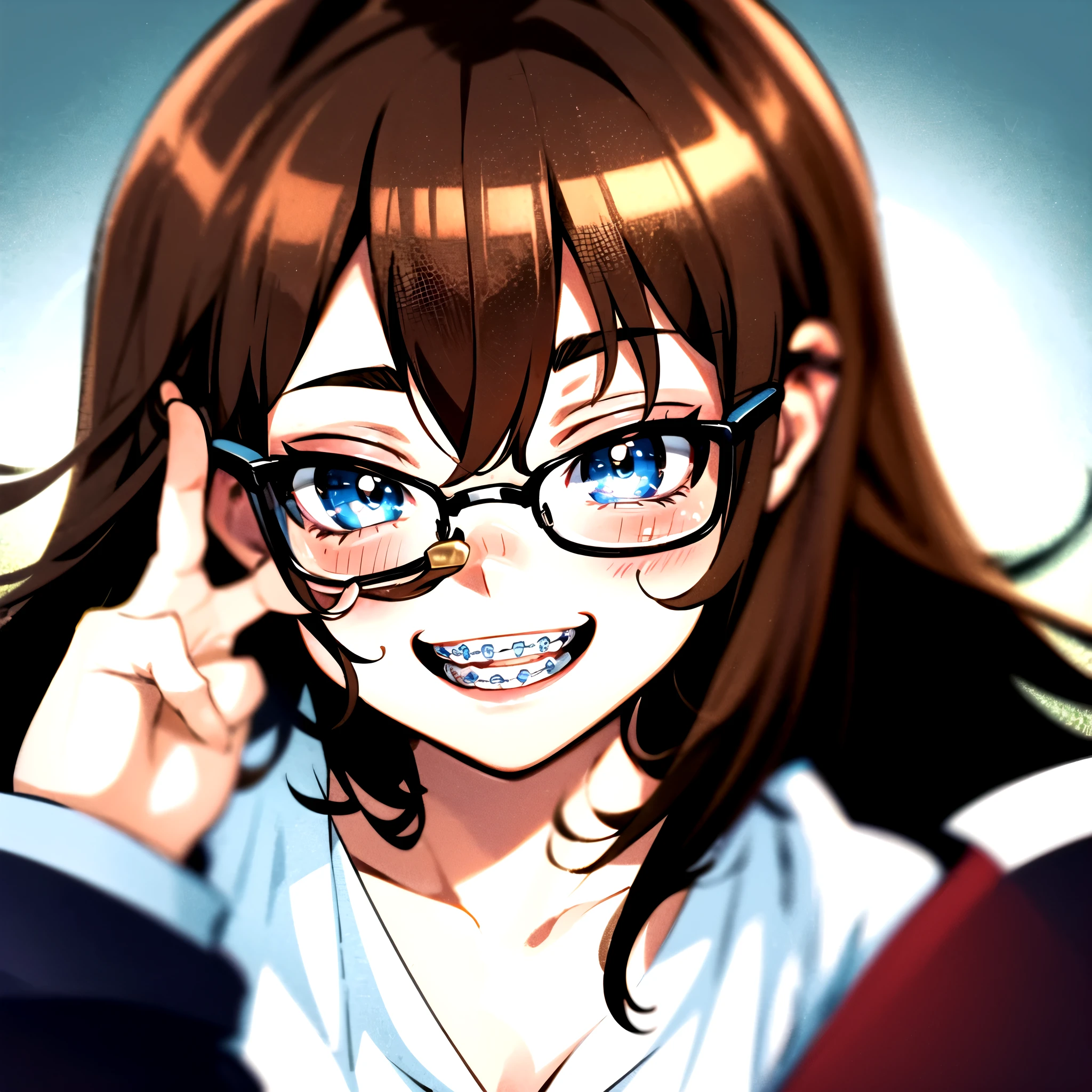 1girl, seductive eyes, braces, glasses, smiling, cute, face focus, blue eyes, blush, brown hair, best quality, masterpiece, highres