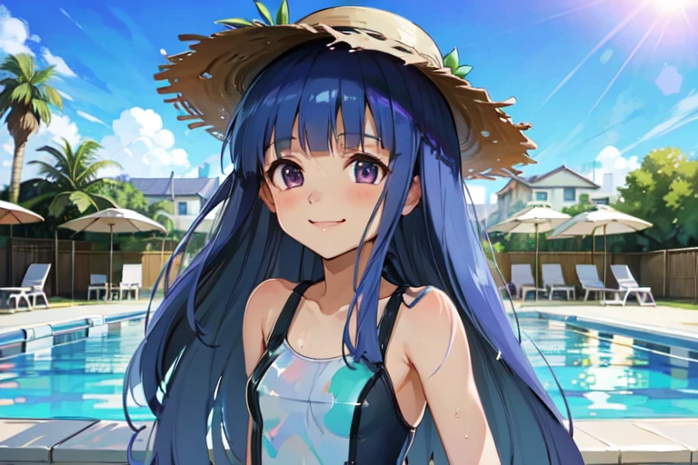 furude rika, Blue Hair, Purple eyes, Long Hair, blunt bangs, bangs,, (Pool Party), One-piece swimsuit, sunglasses, straw hat, Cocktail, Poolside, Bright sun, Splash, Blue sky, Pool Float, Palm tree, summer, relax, Friendly, Open, colorful